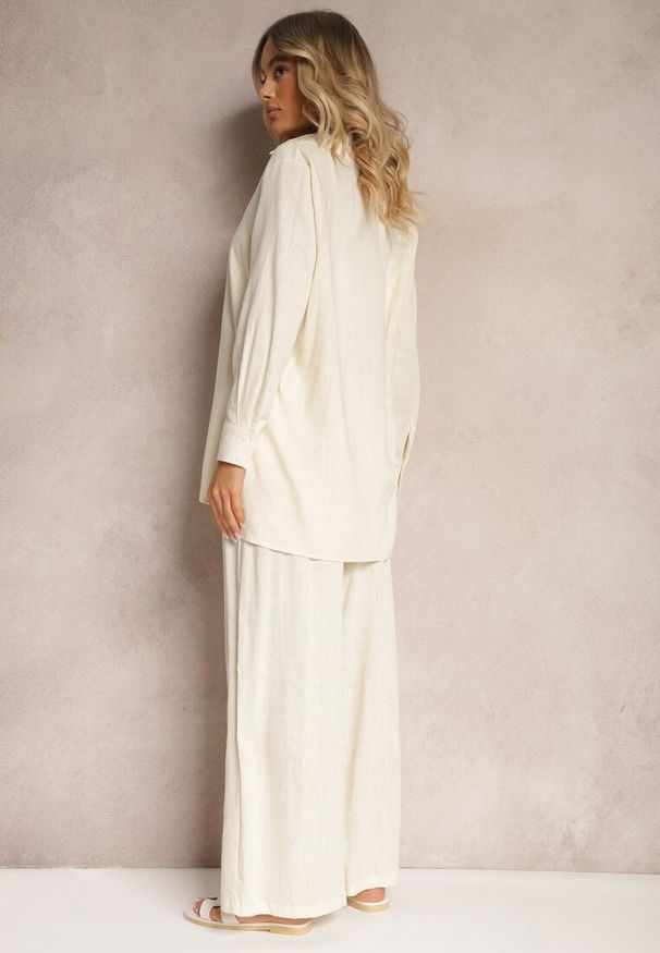 Renee - Beżowy Wiskozowy Komplet Spodnie z Szerokimi Nogawkami i Gumką w Talii Koszula na Guziki Tinamars. Kolor: beżowy. Materiał: wiskoza