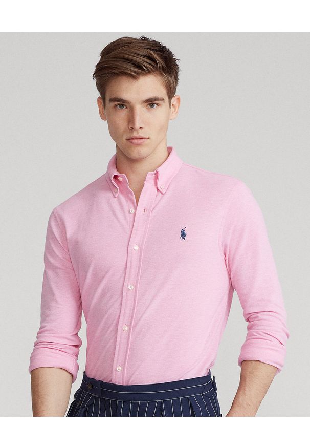Ralph Lauren - RALPH LAUREN - Różowa koszula Featherweight Mesh Custom Fit. Typ kołnierza: polo. Kolor: różowy, wielokolorowy, fioletowy. Materiał: mesh. Długość rękawa: długi rękaw. Długość: długie. Wzór: haft, ze splotem