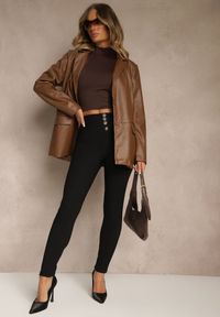 Renee - Czarne Spodnie High Waist z Gumką w Talii i Ozdobną Imitacją Guzików Wedevire. Stan: podwyższony. Kolor: czarny. Wzór: aplikacja #4