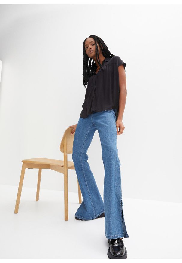 bonprix - Bluzka oversized z krótkim rękawem. Typ kołnierza: kołnierzyk koszulowy. Kolor: czarny. Długość rękawa: krótki rękaw. Długość: krótkie