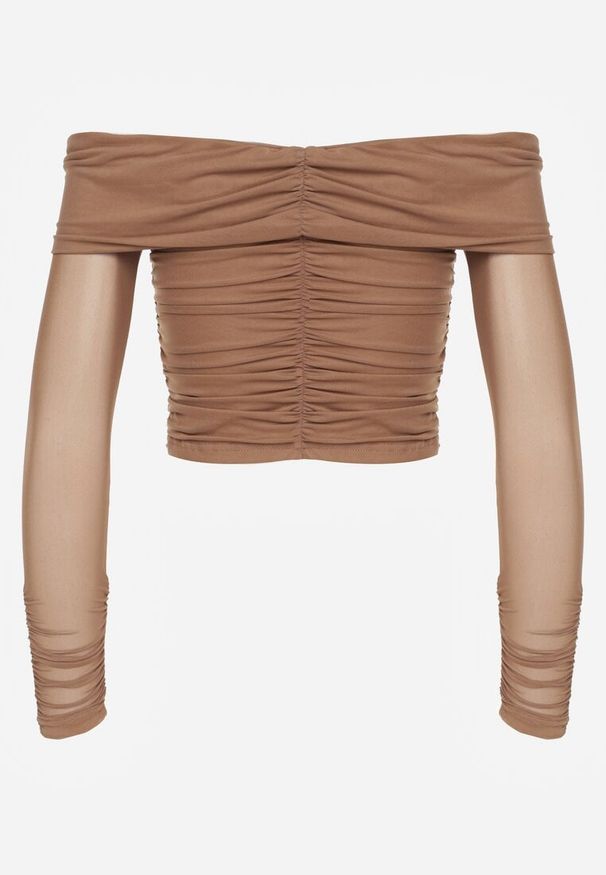 Renee - Ciemnobeżowa Drapowana Bluzka VICES z Odkrytymi Ramionami i Siateczkowymi Rękawami Atevite. Okazja: na co dzień. Kolor: beżowy. Materiał: jeans. Styl: casual