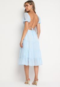 Born2be - Niebieska Sukienka Ozdobiona Bufkami Ipharei. Typ kołnierza: dekolt kwadratowy. Kolor: niebieski. Materiał: tkanina. Wzór: aplikacja. Styl: elegancki, klasyczny #6