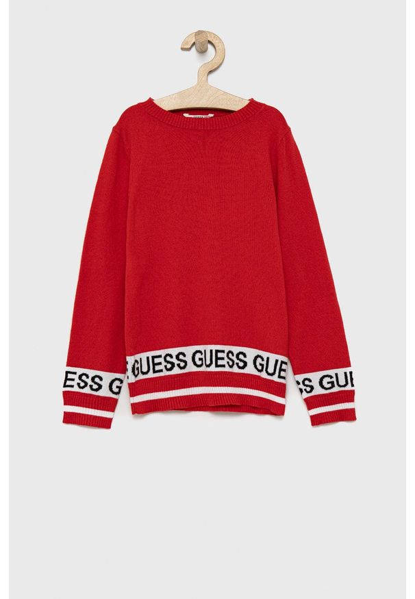 Guess - Sweter dziecięcy. Okazja: na co dzień. Kolor: czerwony. Materiał: dzianina. Styl: casual