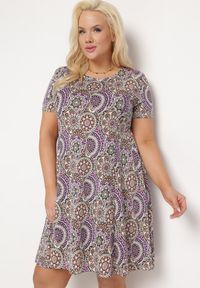 Born2be - Fioletowa Sukienka Mini z Wiskozy o Rozkloszowanym Fasonie Boho Aiselle. Kolor: fioletowy. Materiał: wiskoza. Wzór: kolorowy. Sezon: lato. Styl: boho. Długość: mini #1