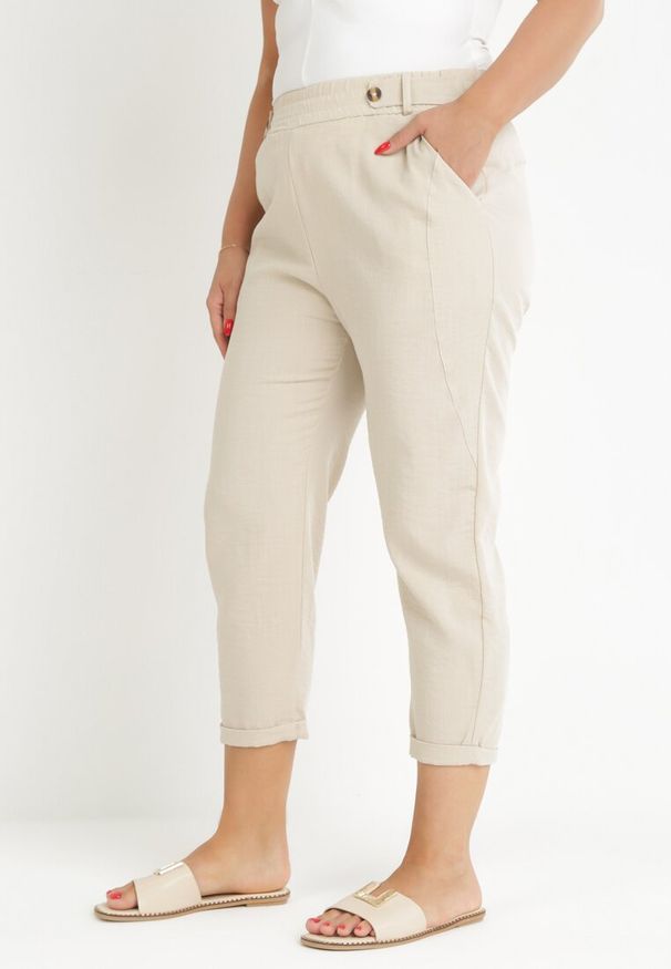 Born2be - Jasnobeżowe Spodnie z Długimi Nogawkami i Gumką w Talii Nokash. Kolekcja: plus size. Kolor: beżowy. Materiał: tkanina, włókno. Długość: długie. Wzór: gładki