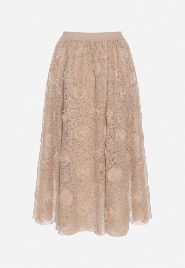 Born2be - Beżowa Rozkloszowana Spódnica ze Strukturalnej Tkaniny z Gumką w Talii Folenne. Okazja: na co dzień. Kolor: beżowy. Materiał: tkanina. Styl: elegancki, casual
