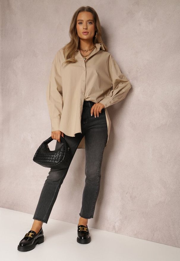 Renee - Beżowa Koszula Bawełniana Aquida. Kolor: beżowy. Materiał: bawełna. Długość rękawa: długi rękaw. Długość: długie