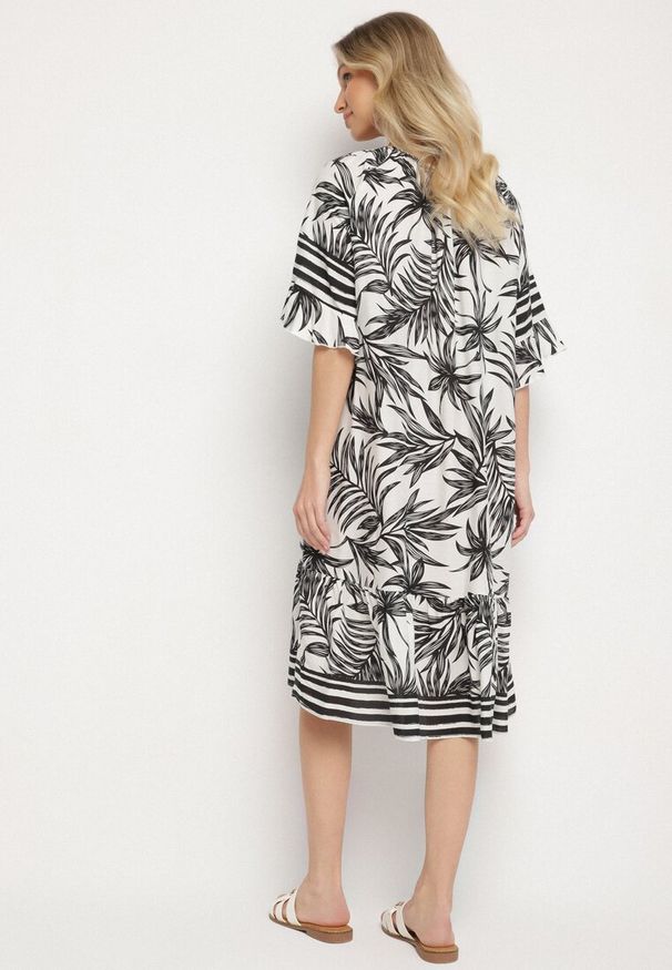Born2be - Biała Sukienka o Pudełkowym Kroju z Wiązaniem przy Dekolcie w Roślinny Wzór Mirionela. Kolor: biały. Długość rękawa: krótki rękaw