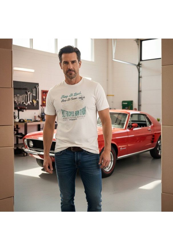 Bawełniana, Męska Koszulka (T-Shirt) - Pako Jeans - Kremowa z Nadrukiem. Okazja: na co dzień. Kolor: wielokolorowy, brązowy, beżowy. Materiał: bawełna. Wzór: nadruk. Styl: casual