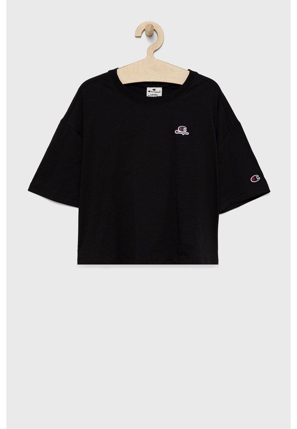 Champion t-shirt bawełniany dziecięcy kolor czarny. Kolor: czarny. Materiał: bawełna. Długość rękawa: krótki rękaw. Długość: krótkie. Wzór: aplikacja