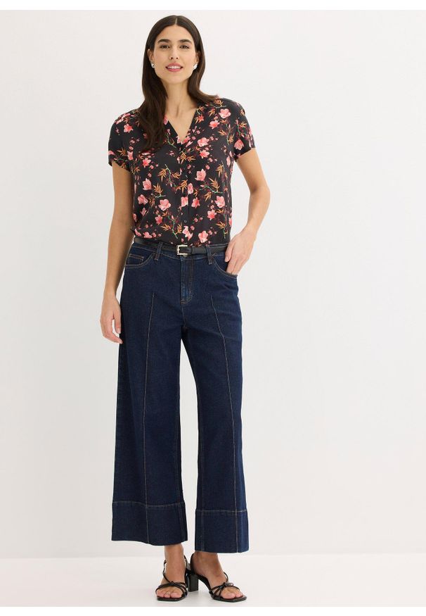 bonprix - Bluzka z krótkim rękawem z czystej wiskozy. Typ kołnierza: dekolt w serek. Kolor: czarny. Materiał: wiskoza. Długość rękawa: krótki rękaw. Długość: krótkie. Wzór: nadruk. Styl: elegancki