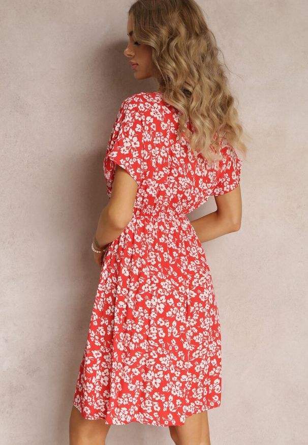 Renee - Czerwona Wiskozowa Mini Sukienka w Kwiatowy Print z Gumką w Pasie Frolia. Kolor: czerwony. Materiał: wiskoza. Wzór: nadruk, kwiaty. Długość: mini