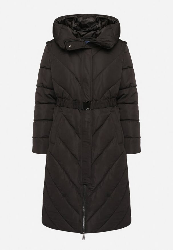 Born2be - Czarna Pikowana Kurtka Zimowa o Długim Kroju z Kapturem i Elastycznym Paskiem Sintoriae. Okazja: do pracy. Typ kołnierza: kaptur. Kolor: czarny. Materiał: jeans. Długość: długie. Sezon: zima. Styl: elegancki