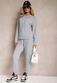 Renee - Szary Klasyczny Komplet Dresowy z Bluzą Kangurką i Spodniami Typu Jogger Salevia. Kolor: szary. Materiał: dresówka #5