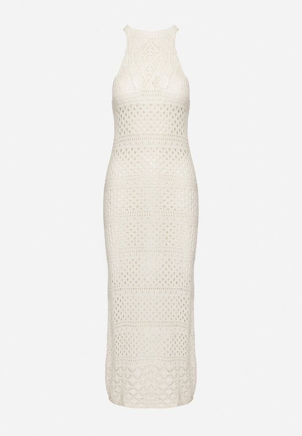 Born2be - Jasnobeżowa Sukienka o Taliowanym Kroju z Ażurowej Dzianiny Tiamisse. Kolor: beżowy. Materiał: dzianina. Wzór: ażurowy. Sezon: lato. Typ sukienki: oversize. Styl: elegancki