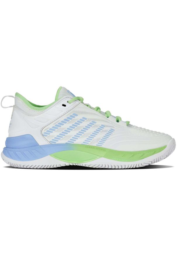 Buty do tenisa damskie K-Swiss Hypercourt Supreme 2. Kolor: niebieski, zielony, biały, wielokolorowy. Materiał: syntetyk, materiał. Szerokość cholewki: normalna. Sport: tenis