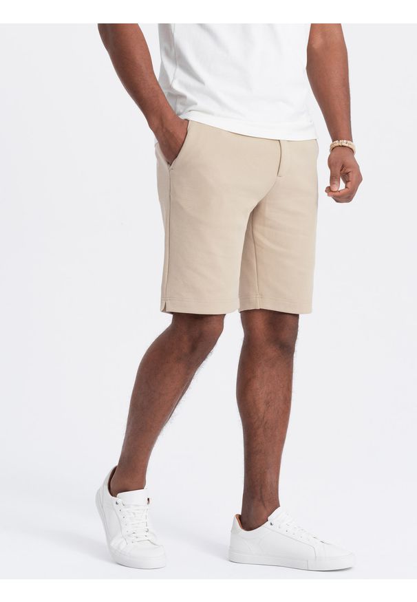 Ombre Clothing - Męskie szorty ze strukturalnej dzianiny SLIM FIT - piaskowe V3 - Rozmiar: M. Okazja: na co dzień. Materiał: dzianina. Wzór: kwiaty. Styl: casual