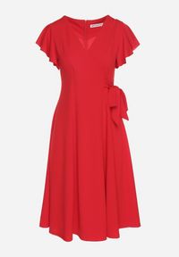 Born2be - Czerwona Rozkloszowana Sukienka Kopertowa z Wiązaniem w Talii Dannila. Kolor: czerwony. Wzór: aplikacja. Typ sukienki: kopertowe #3