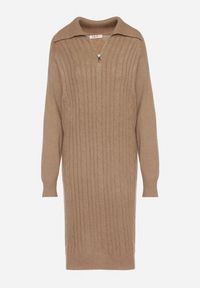 Born2be - Beżowa Sweterkowa Sukienka Pudełkowa z Bawełną i Wełną Ozdobiona Suwakiem Reimia. Okazja: na co dzień. Kolor: beżowy. Materiał: wełna, bawełna. Wzór: aplikacja. Styl: klasyczny, casual #2
