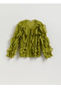 Reserved - Bluzka z falbanami - oliwkowy. Kolor: oliwkowy. Materiał: tkanina #1