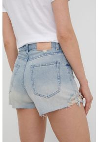 TwinSet - Twinset szorty jeansowe damskie gładkie high waist. Stan: podwyższony. Kolor: niebieski. Materiał: jeans. Wzór: gładki