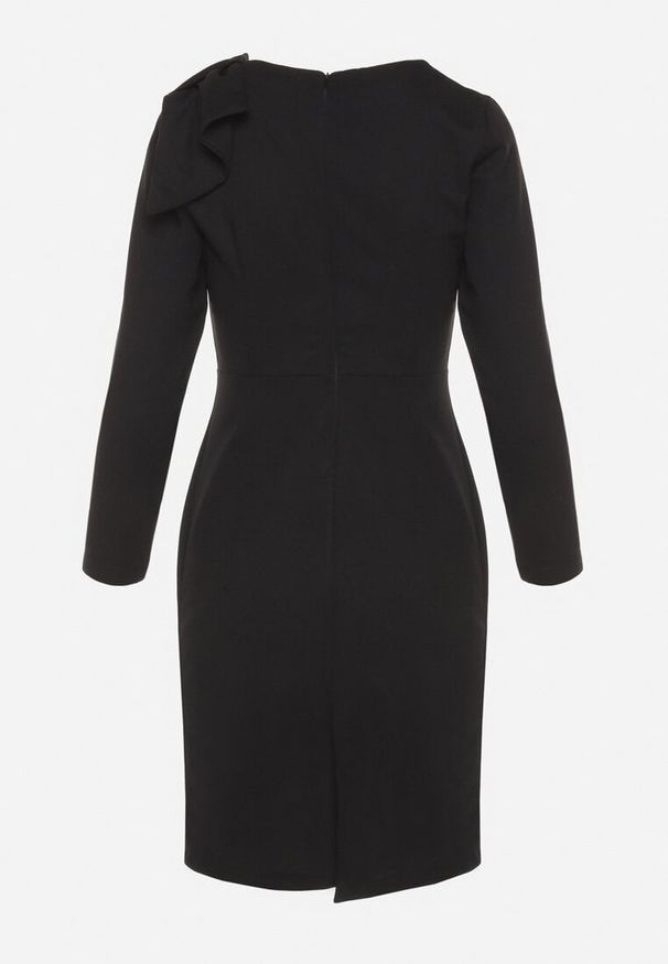 Born2be - Czarna Dopasowana Sukienka Koktajlowa Ozdobiona Kokardą i Rozcięciem na Linnaea. Okazja: na co dzień. Typ kołnierza: kokarda. Kolor: czarny. Wzór: aplikacja. Typ sukienki: dopasowane. Styl: wizytowy