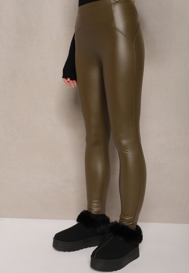 Renee - Zielone Legginsy High Waist z Ociepleniem Faladi. Okazja: na spacer, na co dzień. Stan: podwyższony. Kolor: zielony. Długość: długie. Sezon: jesień, zima. Styl: casual