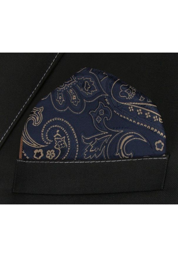 Męska, Elegancka Poszetka - Alties - Granatowa, Duże Paisley. Kolor: niebieski. Materiał: poliester. Wzór: paisley