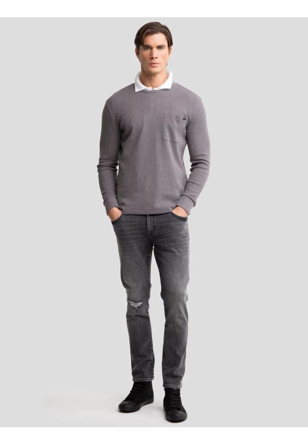 Big-Star - Koszulka męska z długim rękawem szara Demir 903. Kolor: szary. Materiał: dzianina, jeans. Długość rękawa: długi rękaw. Długość: długie. Wzór: aplikacja