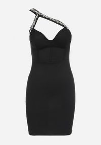 Born2be - Czarna Sukienka z Asymetryczną Górą i Cyrkoniami Hemuva. Typ kołnierza: dekolt gorset. Kolor: czarny. Materiał: materiał. Długość rękawa: na ramiączkach. Wzór: paski. Typ sukienki: asymetryczne. Długość: mini #4