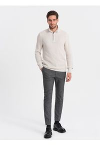 Ombre Clothing - Sweter męski dzianinowy z rozpinaną stójką - kremowy V1. Typ kołnierza: kołnierzyk stójkowy. Kolor: kremowy. Materiał: dzianina #4
