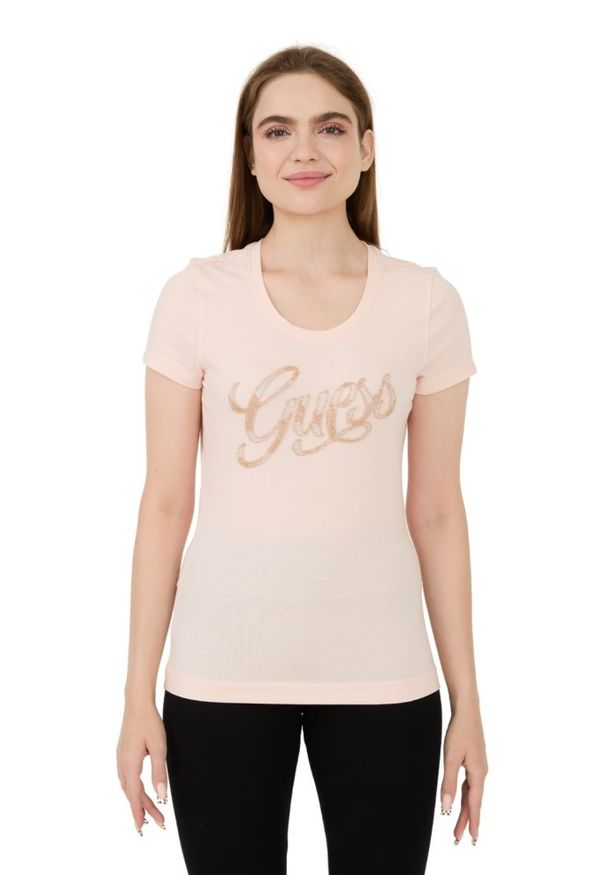 Guess - GUESS Różowy damski t-shirt Script, Rozmiar M. Kolor: różowy