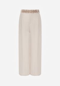 Renee - Beżowe Spodnie z Wiskozy High Waist Ozdobione Geometrycznym Motywem Iomane. Okazja: na co dzień. Stan: podwyższony. Kolor: beżowy. Materiał: wiskoza. Wzór: geometria, aplikacja. Styl: casual #2