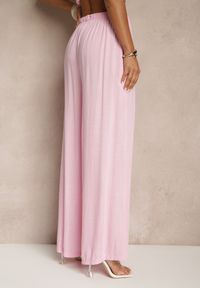 Renee - Różowe Szerokie Spodnie High Waist z Gumką w Talii Ilnena. Okazja: na co dzień, na spotkanie biznesowe, na spacer. Stan: podwyższony. Kolor: różowy. Materiał: materiał, wiskoza. Sezon: lato. Styl: biznesowy, elegancki, casual #4