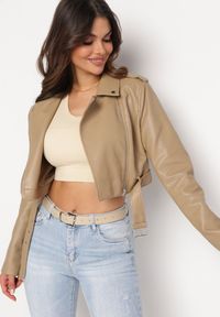 Born2be - Beżowa Kurtka Ramoneska z Asymetrycznym Suwakiem Inika. Kolor: beżowy. Materiał: jeans. Styl: elegancki #5