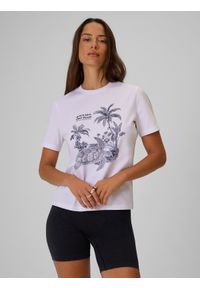 4f - 4F T-shirt relaxed z nadrukiem damski - biały M. Okazja: na co dzień. Kolor: biały. Materiał: jeans, bawełna, dzianina. Wzór: nadruk. Styl: elegancki, casual, klasyczny, sportowy #1