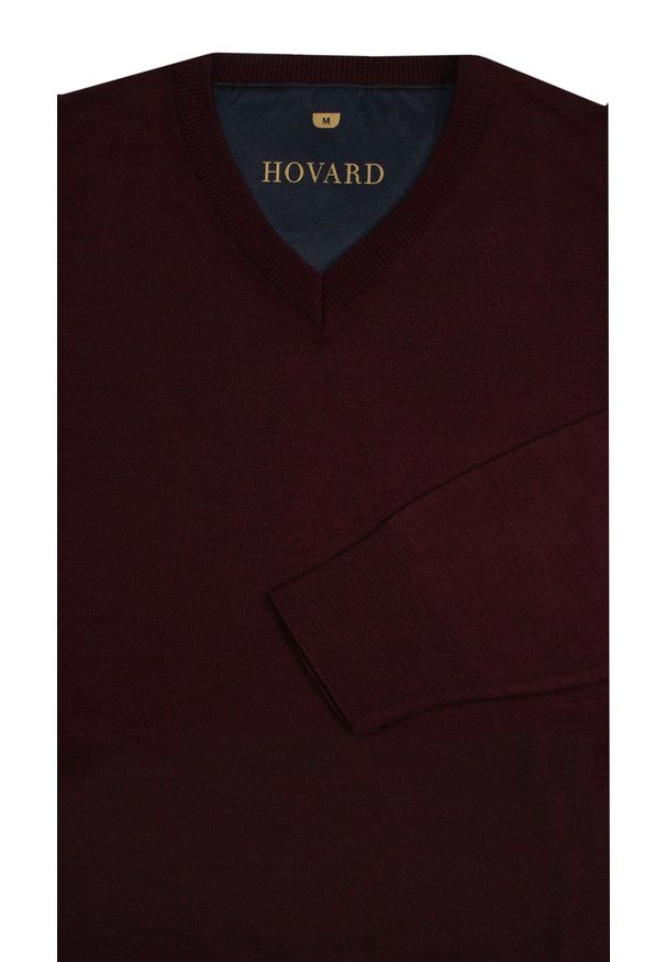 Hovard - Sweter Bordowy Wełniany w Serek, V-neck, Męski, Cienki -HOVARD. Okazja: na co dzień, na spotkanie biznesowe, do pracy. Typ kołnierza: dekolt w serek. Kolor: czerwony. Materiał: wełna, akryl. Styl: klasyczny, elegancki, biznesowy, casual