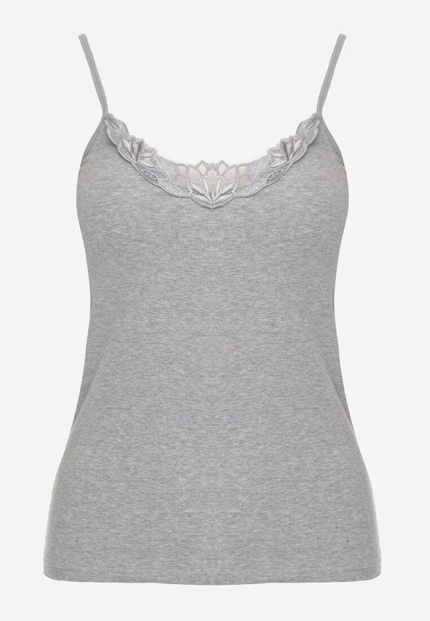 Renee - Ciemnoszary Bieliźniany Top na Ramiączkach z Bawełny Zdobiony Koronką Bernelle. Kolor: szary. Materiał: bawełna, koronka. Długość rękawa: na ramiączkach. Wzór: aplikacja, koronka