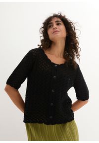 bonprix - Sweter rozpinany ażurowy z lnem, krótki rękaw. Kolor: czarny. Materiał: len. Długość rękawa: krótki rękaw. Długość: krótkie. Wzór: ażurowy