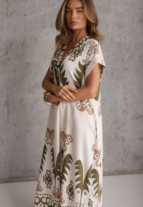 Renee - Zielona Sukienka z Wiskozy Oversize z Etnicznym Printem Caliara. Okazja: na co dzień. Kolor: zielony. Materiał: wiskoza. Wzór: nadruk. Typ sukienki: oversize. Styl: casual