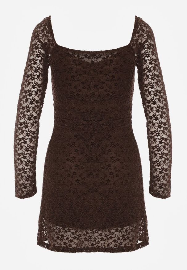 Born2be - Brązowa Koronkowa Sukienka o Dopasowanym Kroju z Kwadratowym Dekoltem Tiwedesa. Okazja: na imprezę. Typ kołnierza: dekolt kwadratowy. Kolor: brązowy. Materiał: koronka. Styl: klasyczny, elegancki
