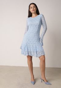 Born2be - Niebieska Sukienka Koronkowa z Rozkloszowanymi Rękawami Cinatea. Okazja: na co dzień. Typ kołnierza: kokarda. Kolor: niebieski. Materiał: koronka. Typ sukienki: proste. Styl: casual #6