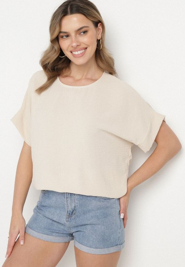 Born2be - Beżowa Bluzka o Kroju Nietoperza Faderia. Okazja: na co dzień. Kolor: beżowy. Materiał: jeans. Styl: casual