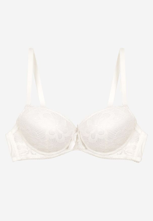 Renee - Jasnobeżowy Biustonosz Push Up z Koronkowym Zdobieniem Ravgis. Kolor: beżowy. Materiał: koronka. Rodzaj stanika: push-up. Wzór: aplikacja