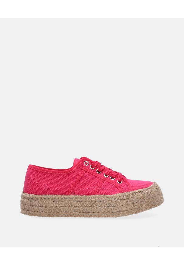 Venezia - SZNUROWANE ESPADRYLE Z MATERIAŁU D042 FUXIA. Materiał: materiał. Obcas: na obcasie. Wysokość obcasa: średni