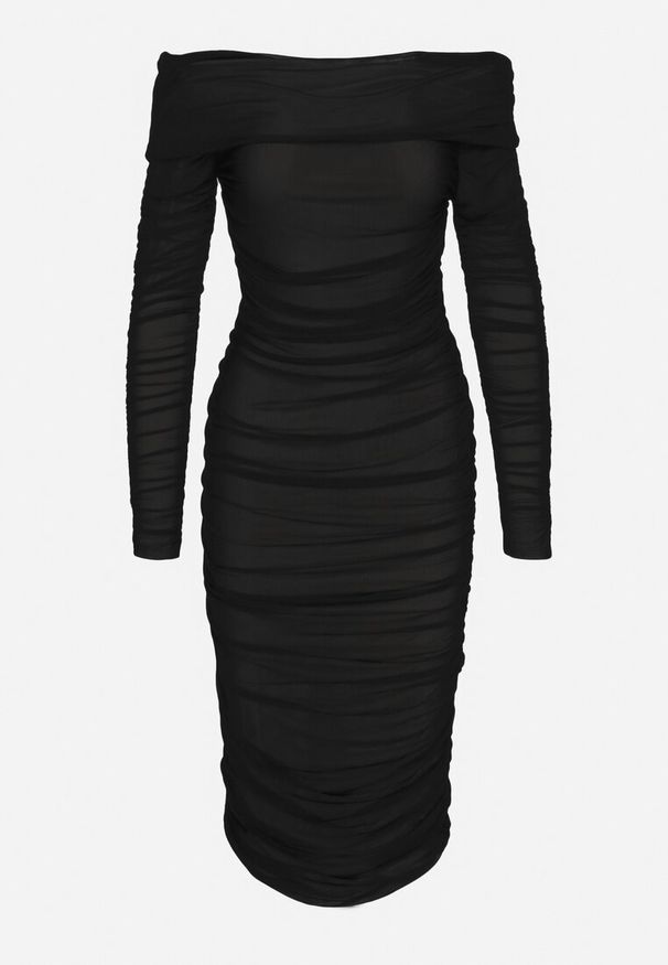 Born2be - Czarna Marszczona Sukienka Siateczkowa Hiszpanka z Wywiniętym Dekoltem Tinaveris. Typ kołnierza: dekolt hiszpanka. Kolor: czarny. Długość rękawa: długi rękaw. Sezon: lato. Styl: elegancki, klasyczny