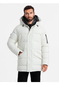 Ombre Clothing - Męska długa kurtka parka ze strukturalnej tkaniny – biała V1. Kolor: biały. Materiał: tkanina. Długość: długie. Wzór: aplikacja