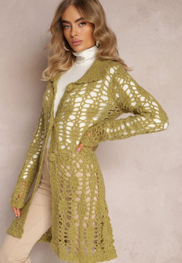 Renee - Zielony Luźny Kardigan Ażurowy na Guziki Sieneos. Kolor: zielony. Materiał: tkanina. Wzór: ażurowy