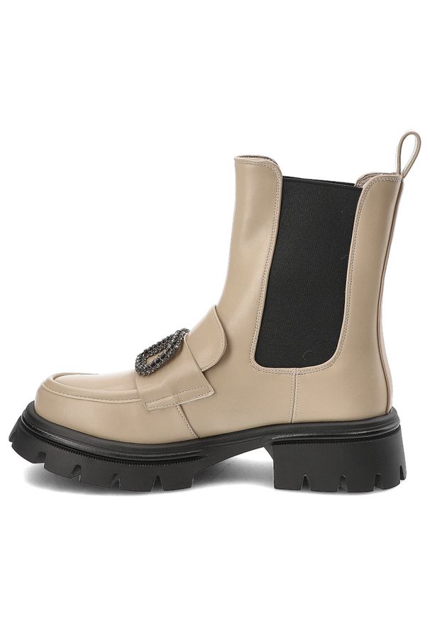 Beżowe Botki S.Barski Stylowe Wsuwane Obuwie Damskie. Okazja: na co dzień, na spacer. Zapięcie: bez zapięcia. Kolor: beżowy. Materiał: materiał. Wzór: aplikacja. Styl: elegancki