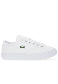 Buty Lacoste Backcourt 224 2 CUJ 748CUJ0001-21G - białe. Okazja: na co dzień. Zapięcie: sznurówki. Kolor: biały. Materiał: skóra, guma, syntetyk. Wzór: aplikacja. Obcas: na płaskiej podeszwie. Sport: turystyka piesza